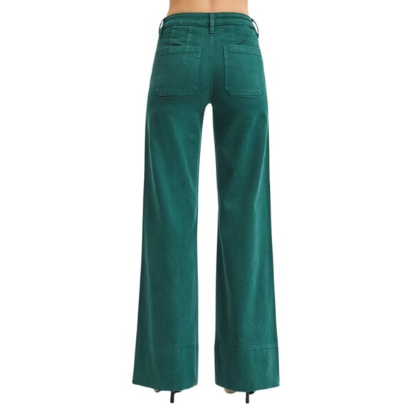 Hunter Green Tummy Control Mid Rise Wide Leg Jeans Pin Tuck Denim - Picture 4 of 4